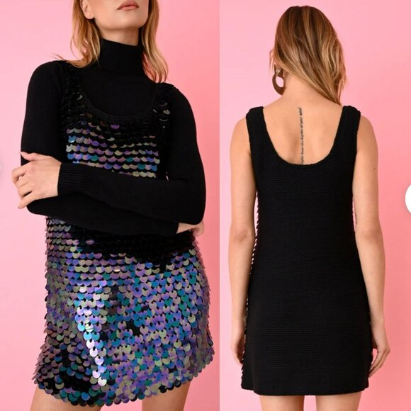 JoosTricot Black Rainbow Sequin Crochet Mini Rave Dress Retro Y2K Mermaid Disco - Picture 2 of 11